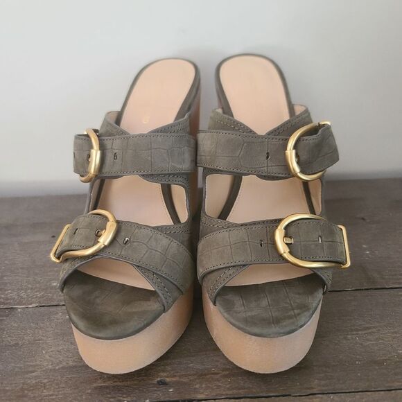 VERONICA BEARD GARRICK DUAL BUCKLE PLATFORM SANDALS Olive Green Size 8.5 New - Picture 3 of 10